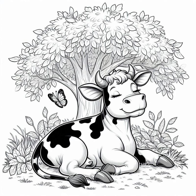 Desenho Detalhado de Fazenda com Vaca Serena para Colorir