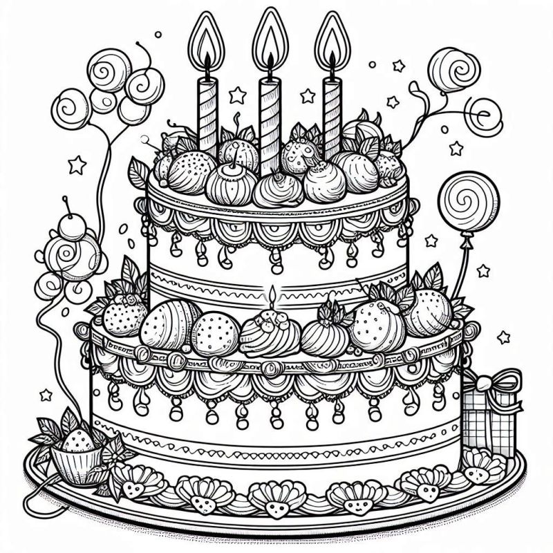 Desenho de bolo de aniversário decorado com velas, balões e presentes, para colorir