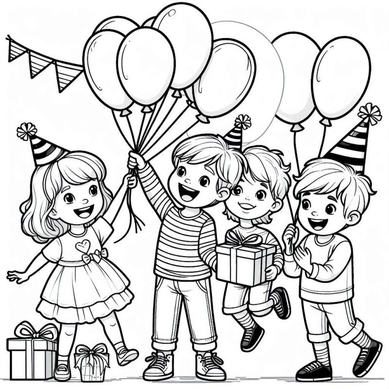 Desenho para colorir de crianças comemorando aniversário com balões e presentes