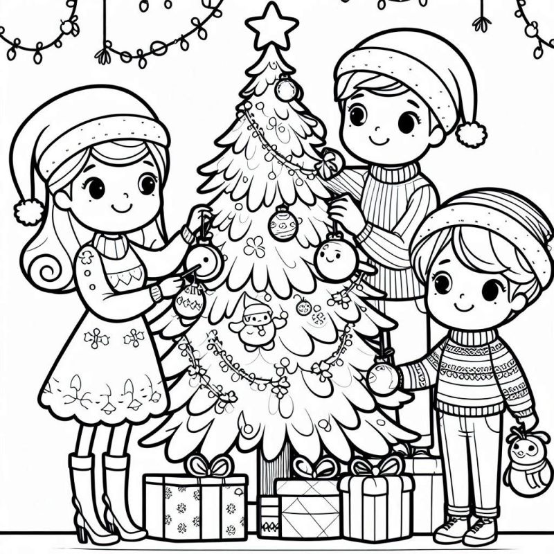 Desenho de crianças felizes decorando uma árvore de Natal com luzes e presentes.