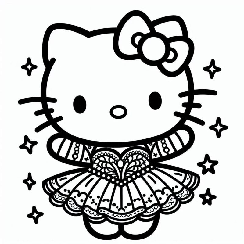 Desenho de Hello Kitty com Vestido Encantado para Colorir