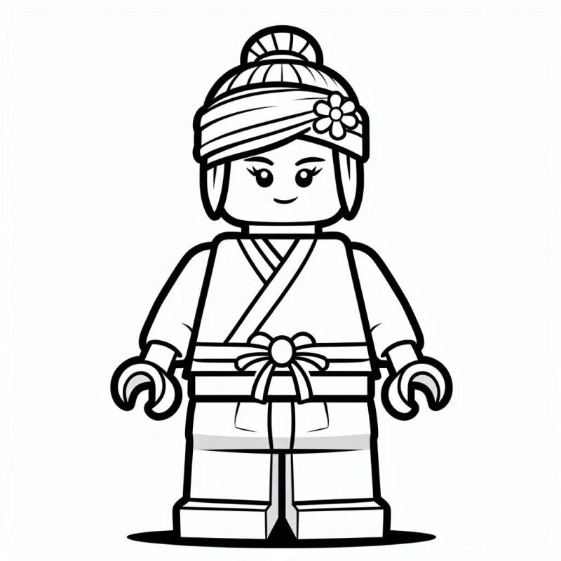 Desenho de personagem de Lego menina com cabelo preso em coque, faixa na cabeça e quimono para colorir