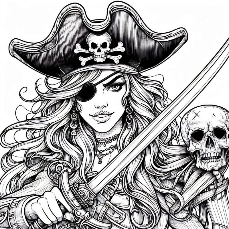 Desenho de figura feminina estilizada como pirata, com chapéu, tapa-olho e espada.