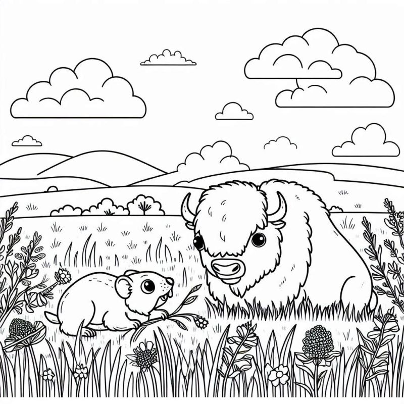 Desenho de um bisão amigável e um roedor curioso em um campo para colorir