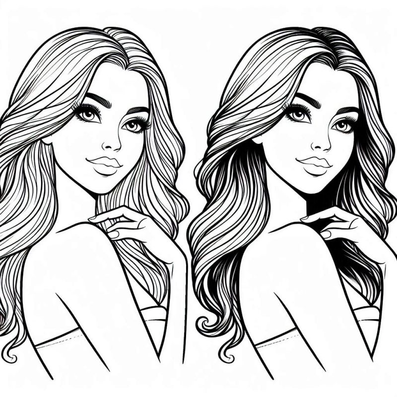 Desenho de duas figuras femininas com detalhes para colorir