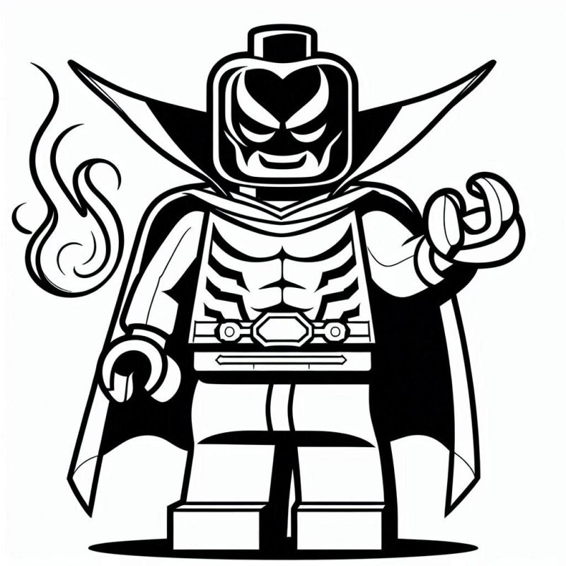 Desenho de personagem de Lego supervilão ou herói com máscara e traje intimidador