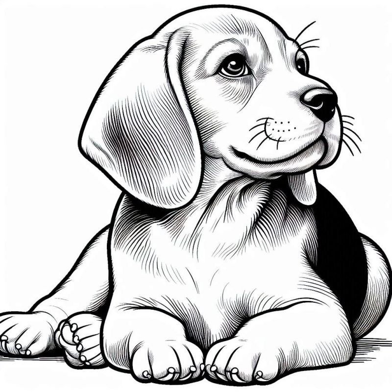 Desenho em preto e branco de um filhote Beagle deitado com expressão amigável