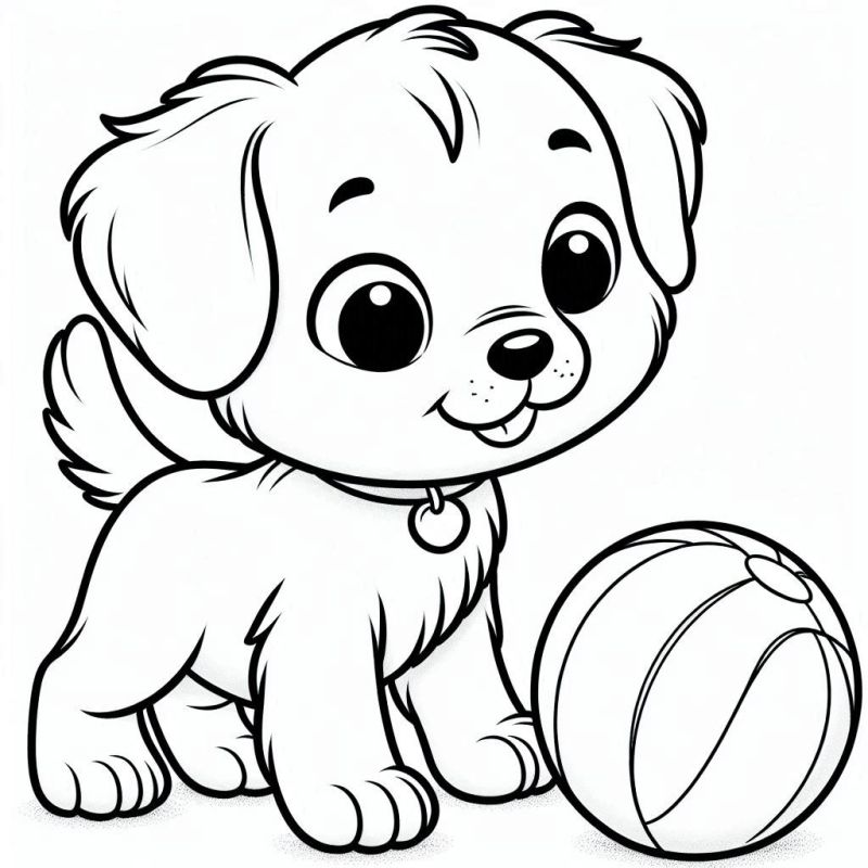 Desenho fofinho de filhote de cachorro com bola para colorir