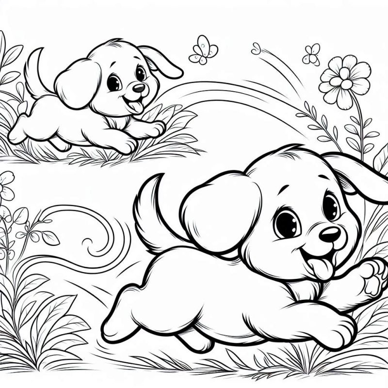 Desenho de dois filhotes de cachorro brincando entre flores e borboletas