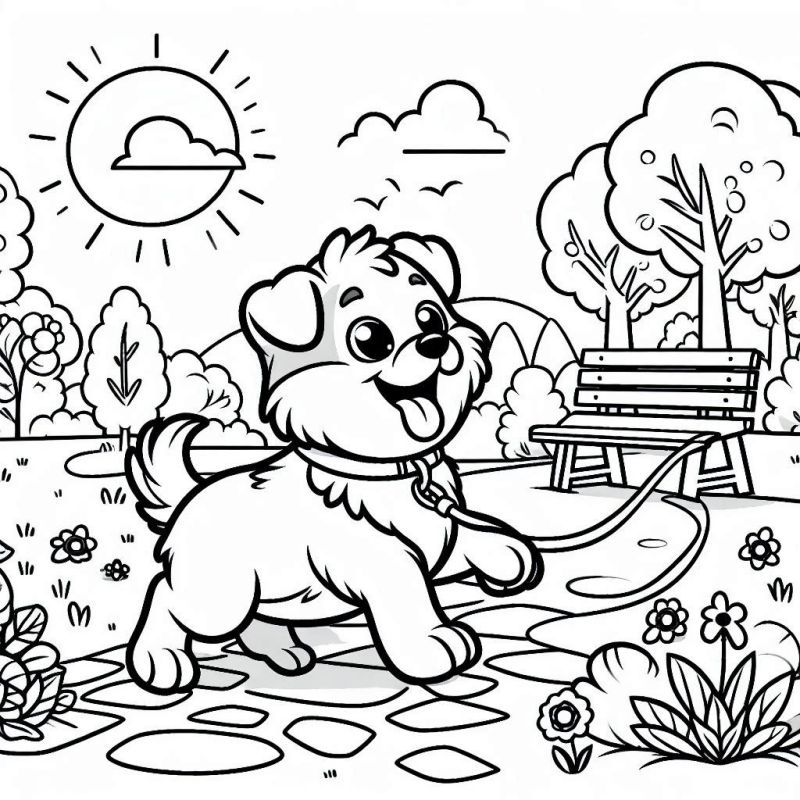 Desenho de Filhote de Cachorro Feliz Caminhando no Parque para Colorir