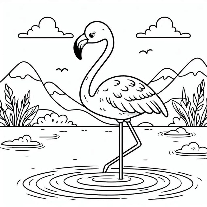 Desenho de Flamingo para Colorir em Ambiente Natural