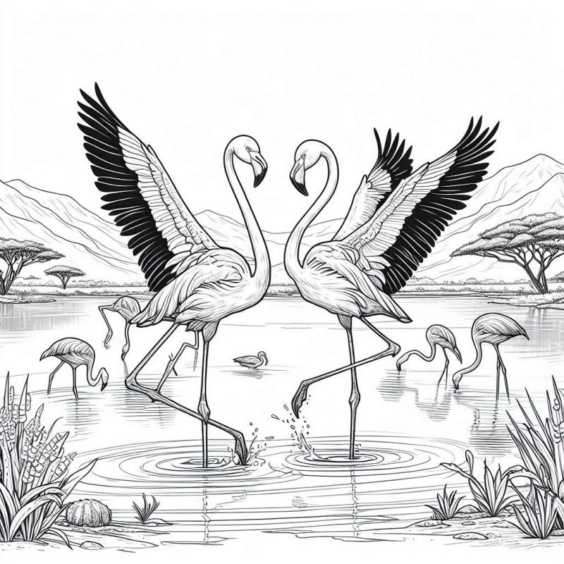 Desenho de Flamingos no Habitat Africano para Colorir