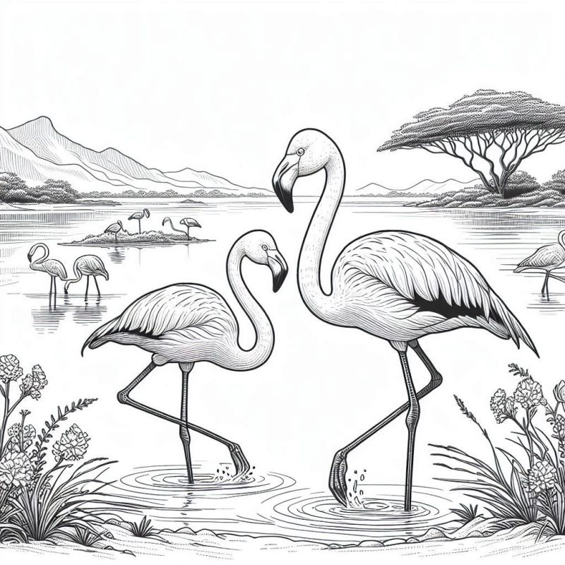 Dois flamingos africanos em um ambiente natural para colorir