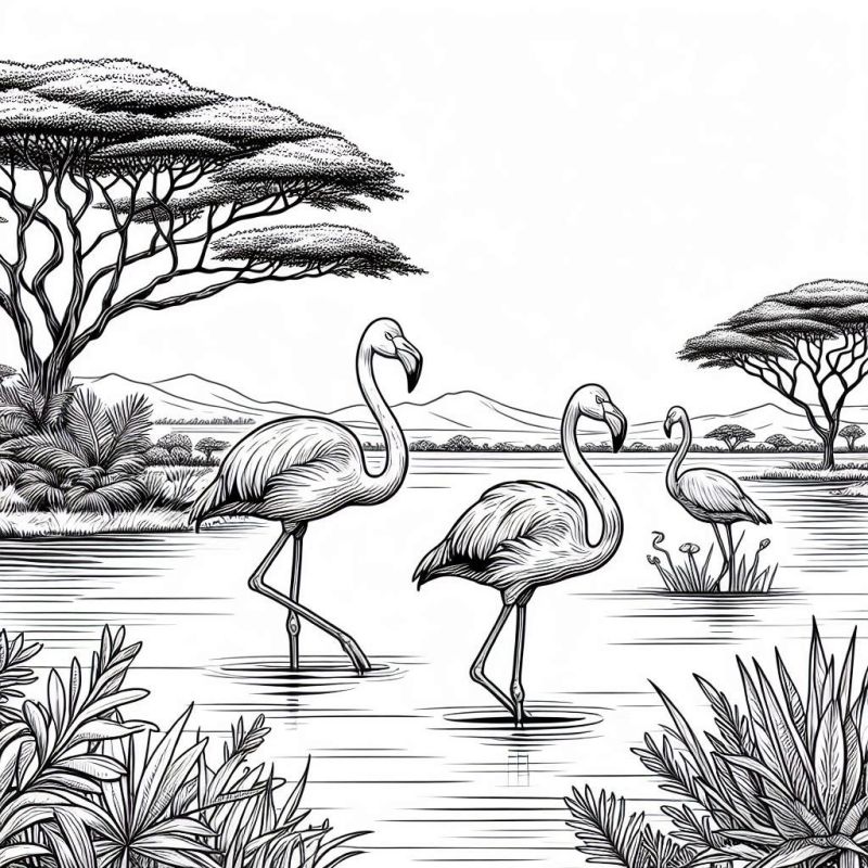 Desenho de Flamingos em Cena Africana para Colorir