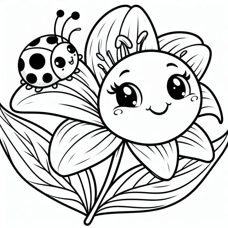 Desenho de Flor Amigável com Joaninha para Colorir