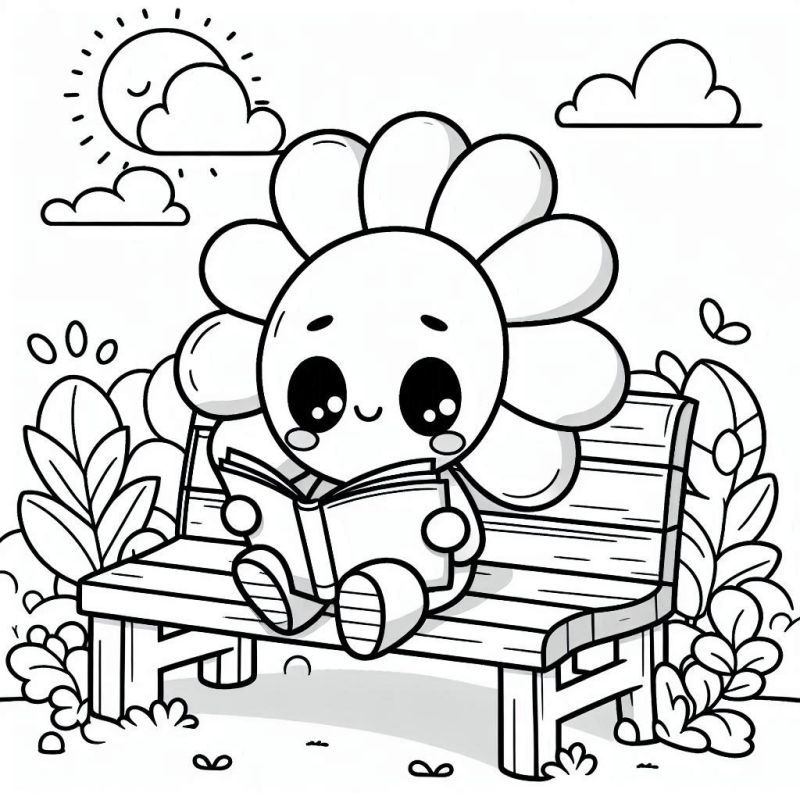 Desenho de Flor Lendo Livro no Jardim para Colorir