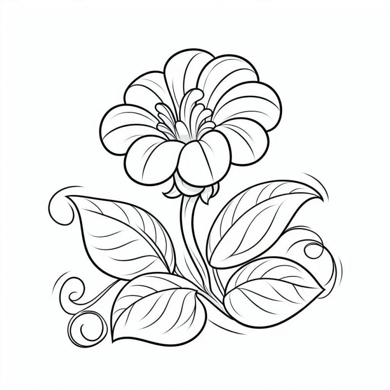 Desenho de uma flor estilizada com pétalas grandes e arabescos para colorir