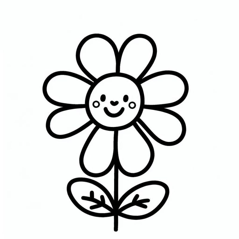 Desenho de flor sorridente com pétalas ovais e caule fino para colorir