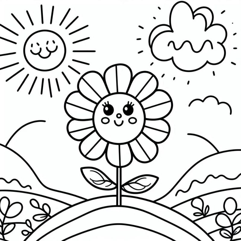 Desenho de Flor Sorridente com Sol e Nuvem para Colorir