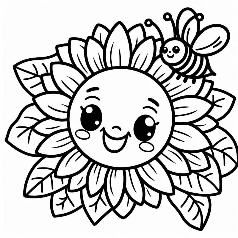 Desenho de Flor Sorridente com Abelha para Colorir