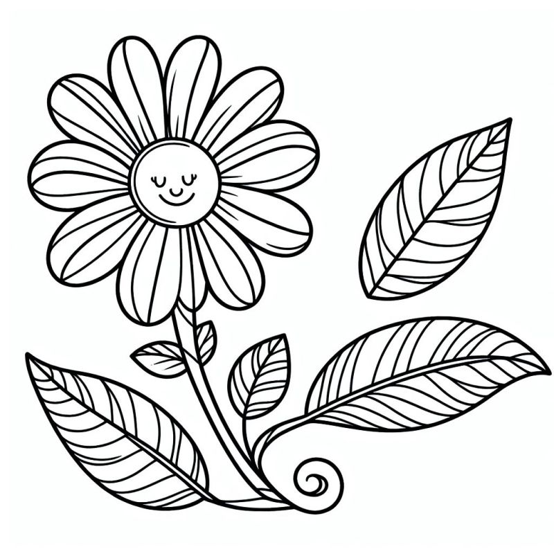 Desenho de flor antropomórfica para colorir, com rosto sorridente e detalhes no caule e folhas.
