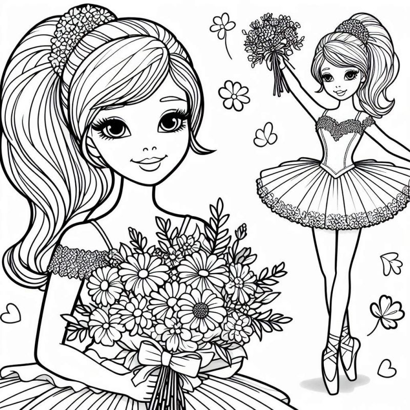 Desenho da Barbie com Flores e Bailarina para Colorir