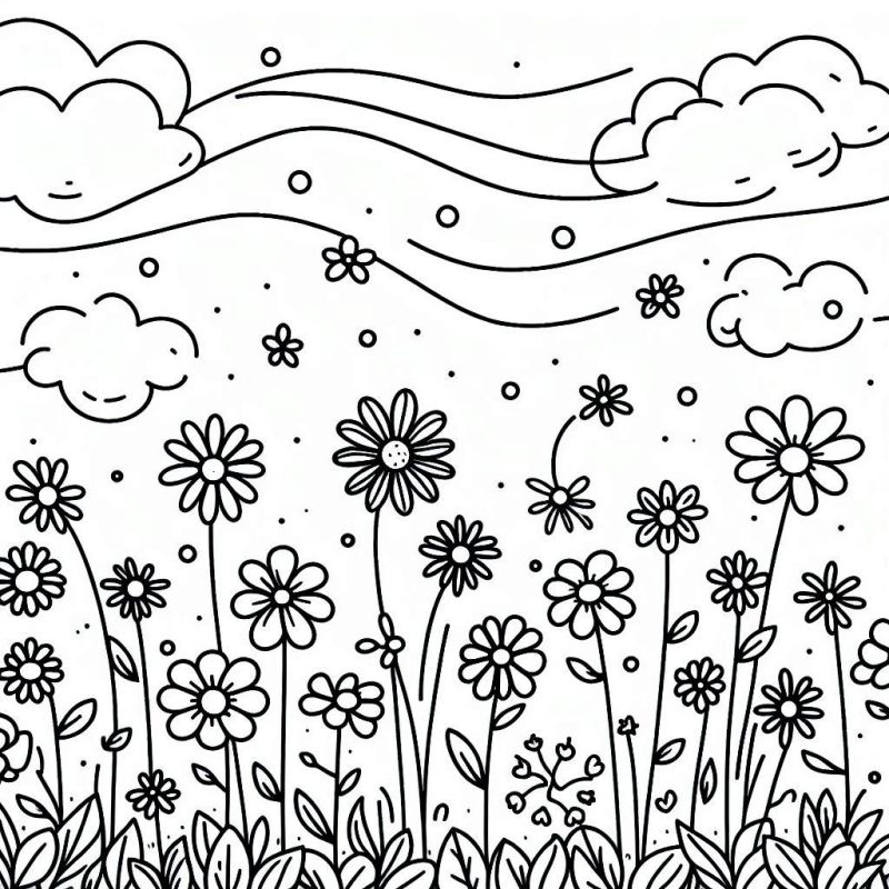 Campo de Flores e Nuvens para Colorir