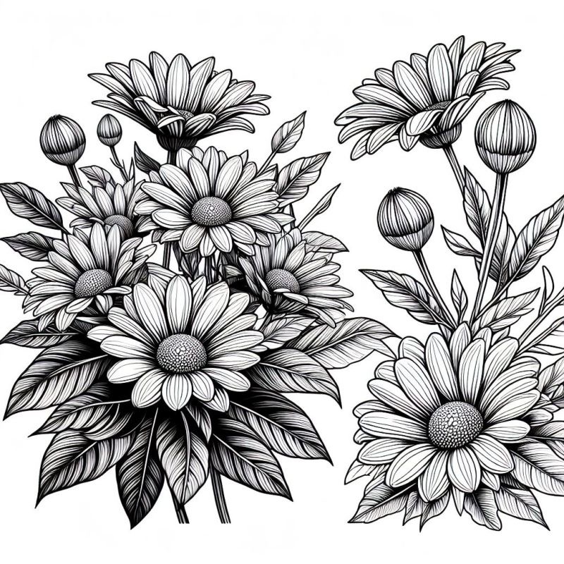 Desenho artístico de flores com detalhes intrincados para colorir