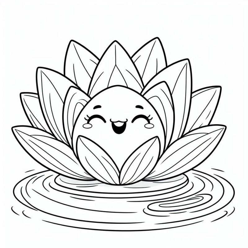 Desenho de Flor de Lótus com Rosto Sorridente para Colorir