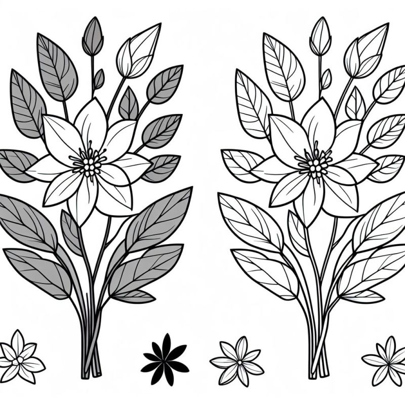 Desenho detalhado de flores para colorir com duas grandes flores e pequenos botões.