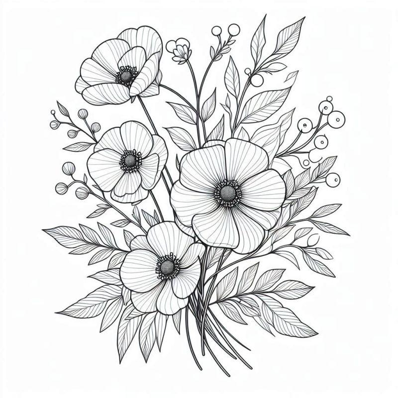 Desenho Detalhado de Arranjo de Flores para Colorir