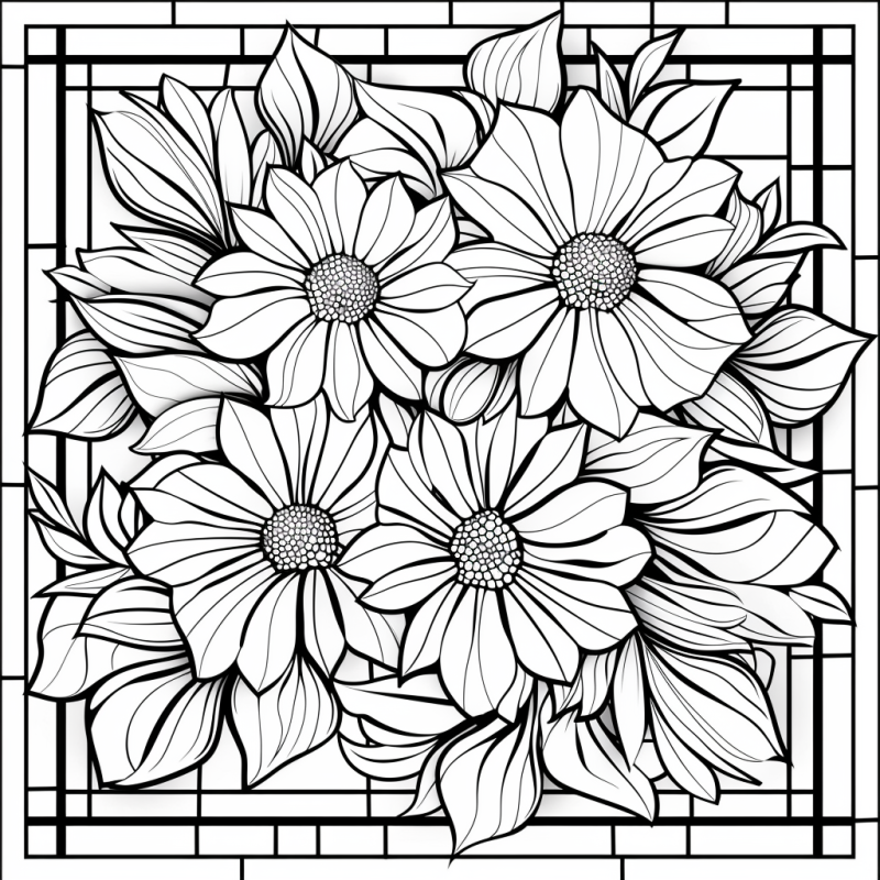 Desenho de mosaico com flores em estilo vitral para colorir