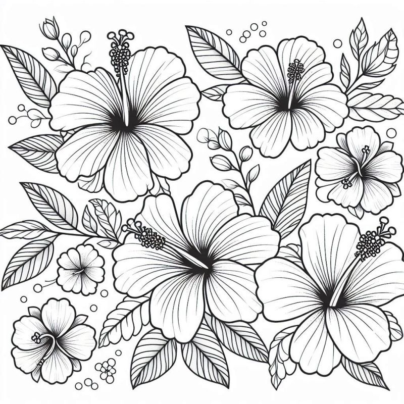 Desenhos de Flores Hibiscos Detalhados para Colorir