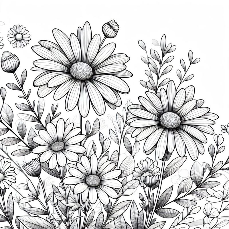 Desenho detalhado de margaridas para colorir, com folhas e flores intricadas