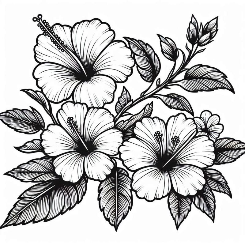 Desenho Detalhado de Hibiscos para Colorir