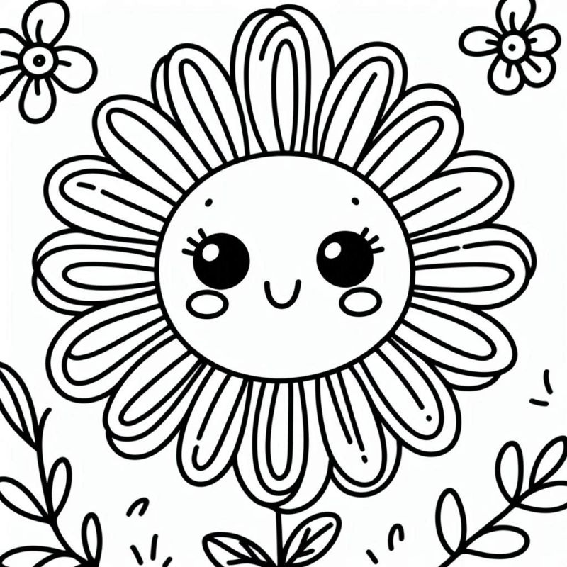 Desenho de uma flor sorridente com pétalas grandes e texturizadas