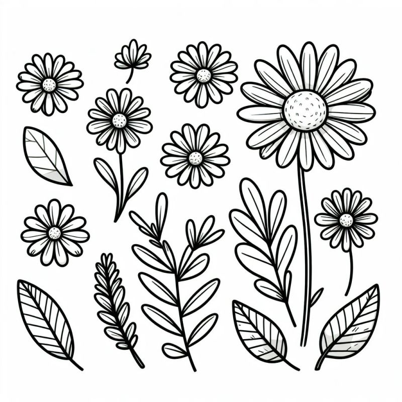 Desenho de flores e folhas estilizadas para colorir