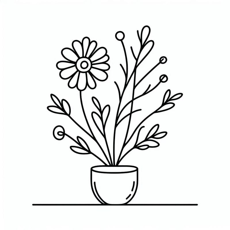 Desenho de Vaso com Flores e Folhagens para Colorir