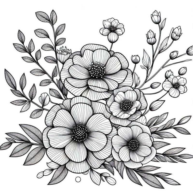 Desenho Realista de Arranjo de Flores para Colorir