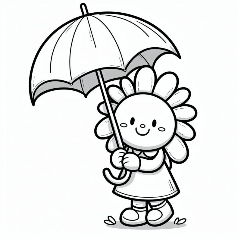 Desenho de Flor Humanizada Sorridente com Guarda-Chuva para Colorir