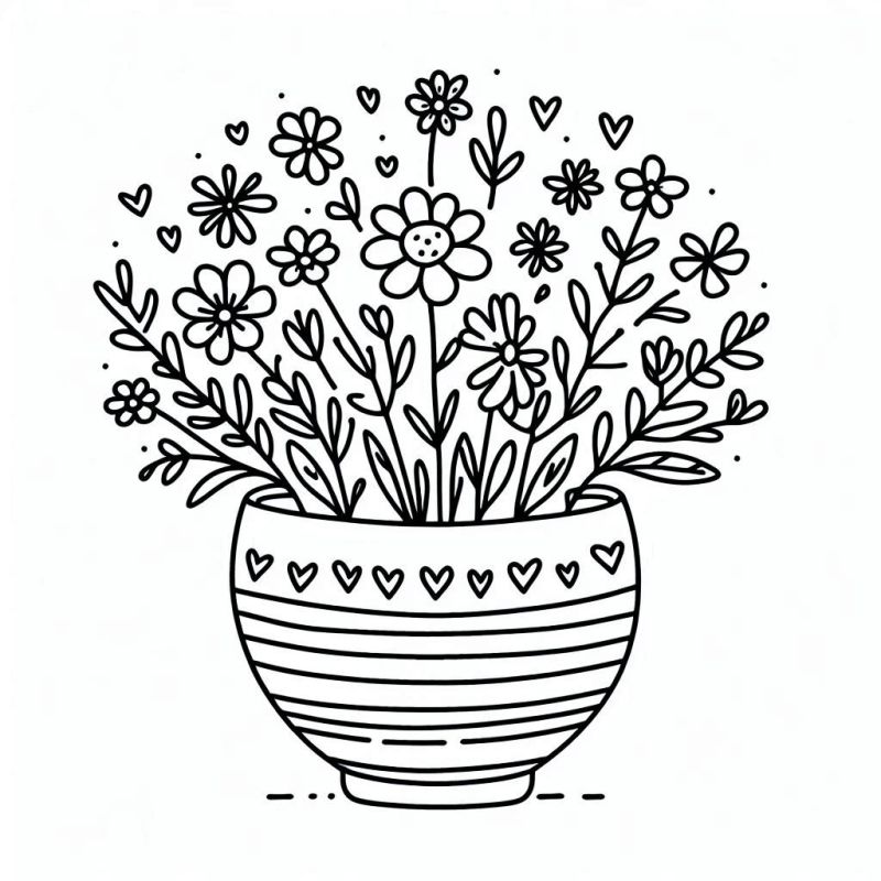 Desenho de Vaso com Flores para Colorir