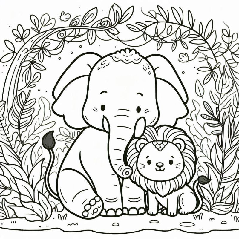 Desenho de Elefante e Leão em Floresta Cartoon para Colorir