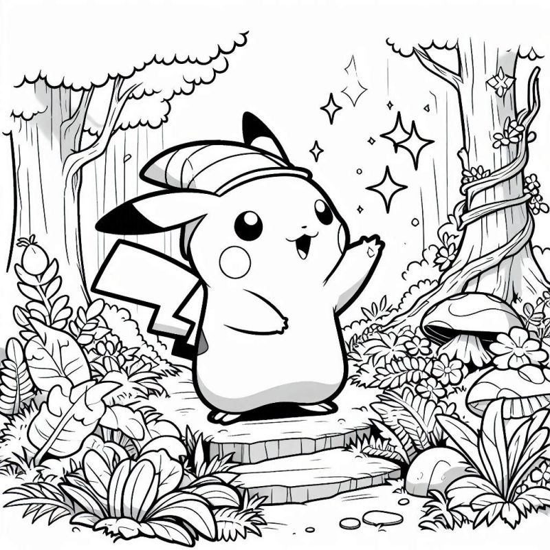 Desenho de Pikachu na Floresta para Colorir