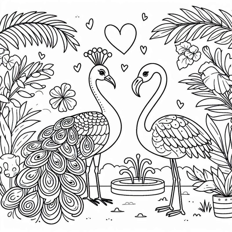 Pavão Majestoso e Flamingo Elegante: Uma Aventura para Colorir