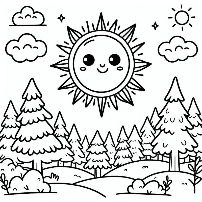 Desenho de sol sorridente com floresta para colorir