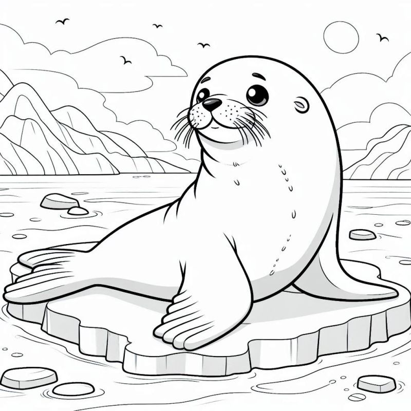 Desenho Fofo de Foca no Gelo para Colorir