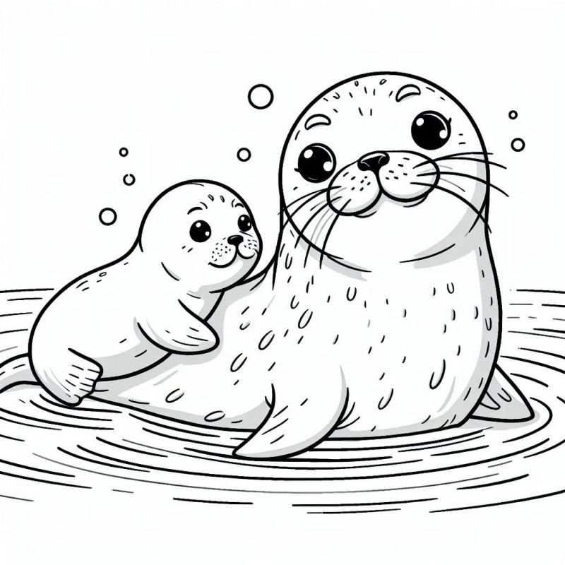 Desenho Encantador de Foca Adulta e Filhote para Colorir