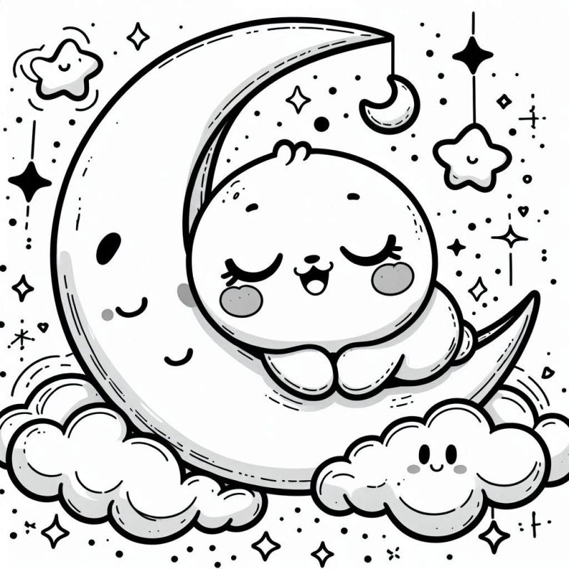 Desenho kawaii de uma noite celestial com lua, ursinho, nuvens e estrelas sorridentes para colorir