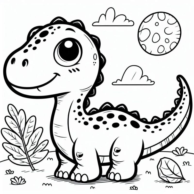 Desenho de um dinossauro amigável e fofo com cenário de fantasia para colorir