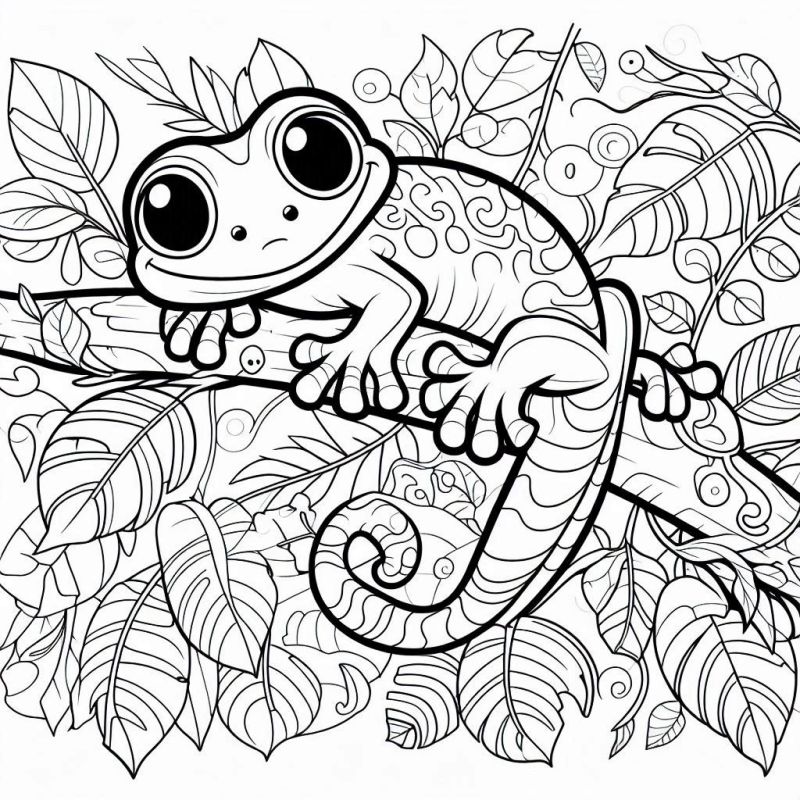 Desenho Fofo de Lagarto Equilibrado no Galho para Colorir